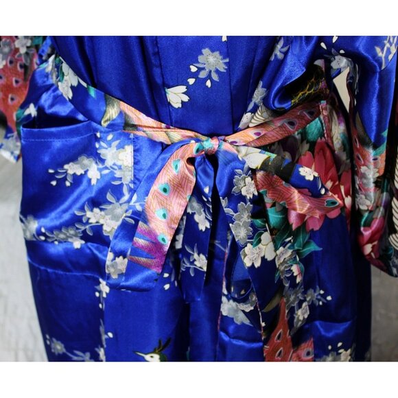 Blue Satin Japanese Kimono Style Floral Peacock Womens M Short Tie Robe - Picture 11 of 12